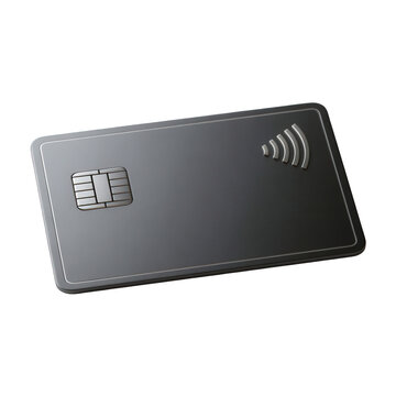 Minimalist black credit card with emv chip and contactless payment symbol isolated on transparent background