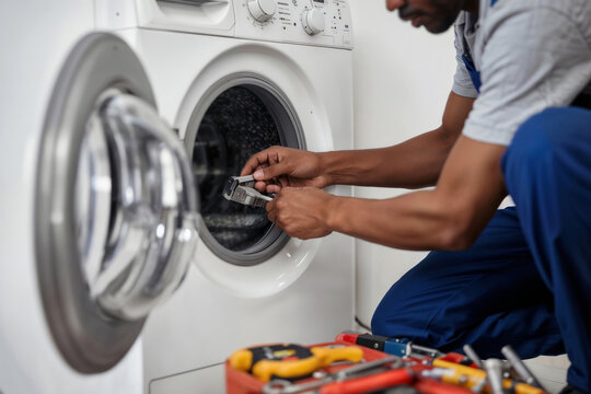 Black man in blue overalls works on broken domestic equipment