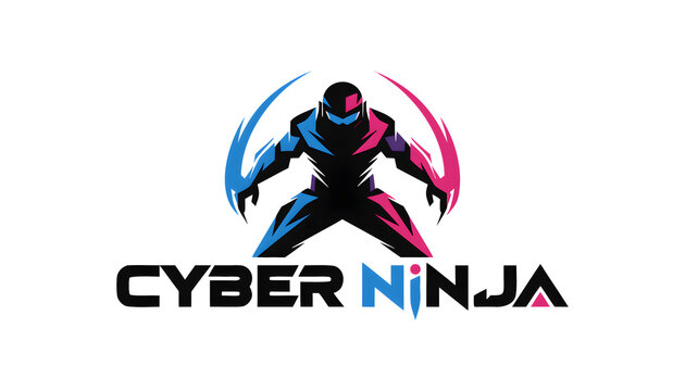 Cyber ninja mascot logo featuring futuristic warrior in blue and pink neon armor.