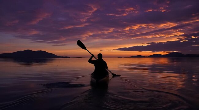 Silhouette of a Person Kayaking at Sunset Surrounded by Colorful Clouds on Still Waters