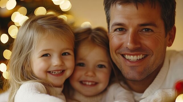 A father smiles with his two daughters in front of a Christmas tree.