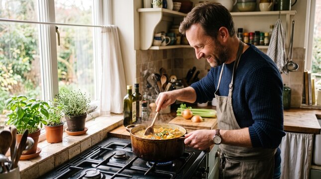 Man happily cooking a hearty vegetable stew in a rustic kitchen