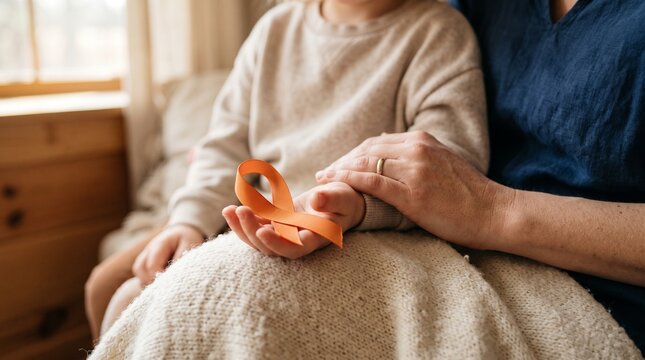 Child and adult hands gently hold an orange awareness ribbon, symbolizing support for a cause.