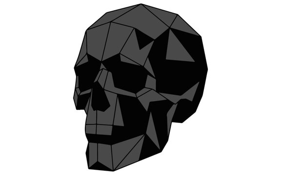 Low Poly Skull Vector, Geometric Black Head, Polygonal Geometry Icon, Human Skull Symbol, Faceted Abstract Face, Technical 3D Illustration, Punk Emoticon
