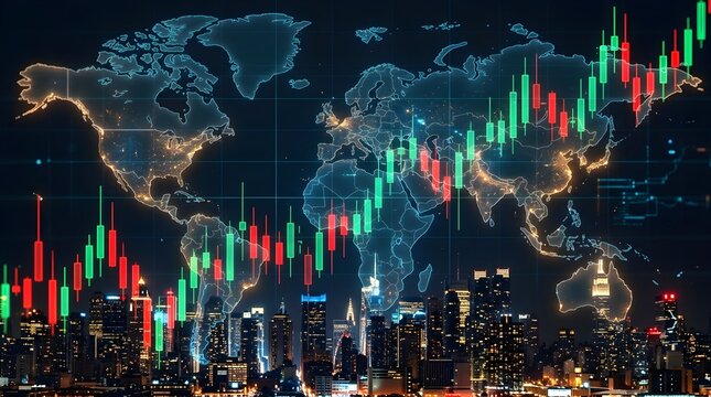 Global stock market candlestick charts overlaid on a glowing world map and city skyline