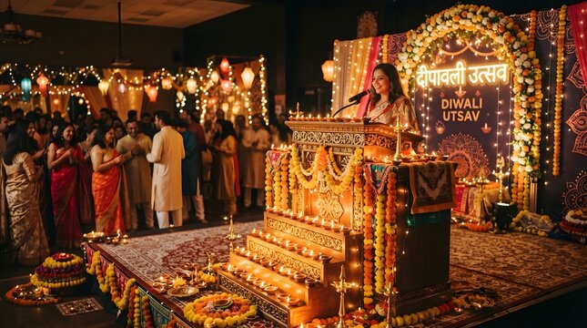A woman speaking at a podium decorated with traditional oil lamps and marigold flowers during a diwali utsav celebration event