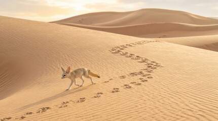 Naklejka premium Small fennec fox walks across rippled sand dunes leaving footprints in the desert