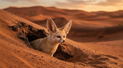 Naklejka premium Adorable fennec fox peeking out from its burrow in the vast Sahara desert dunes
