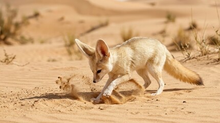Naklejka premium Fennec fox digging in the sand with large ears alert in the desert