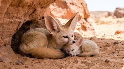 Naklejka premium Two fennec foxes resting together in the shade of a desert rock formation