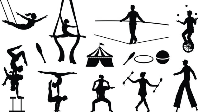 Circus Acrobat and Performer Silhouette Set with Aerialists, Trapeze Artists, Tightrope Walkers, Jugglers, Contortionists, Unicyclist, and Balancing Acts