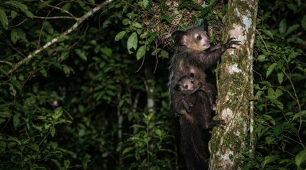 Naklejka premium Aye-aye mother and baby clinging to a mossy tree trunk in a dark rainforest