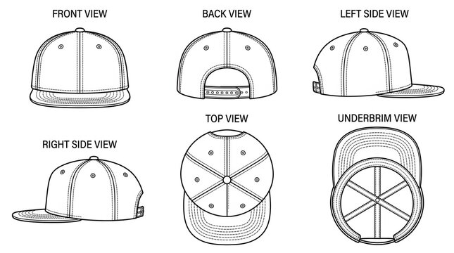 Blank Snapback Hat Technical Flat &ndash; Six View Grid Front, Back, Side, Top and Underbrim Vector Template