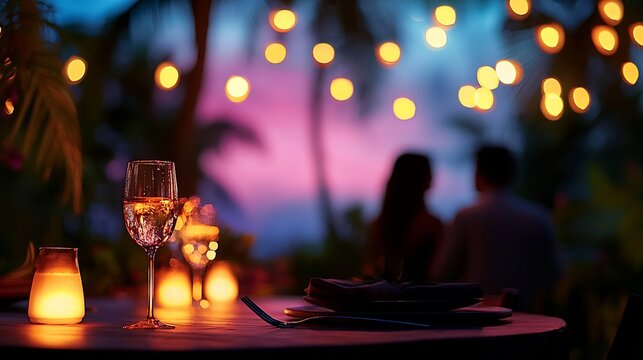 Jantar rom&acirc;ntico a dois ao p&ocirc;r do sol, com ta&ccedil;as de vinho e velas.