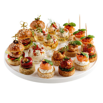 Catering appetizers displayed on a circular tray for an elegant event