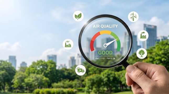 Magnifying glass examines good air quality gauge with city skyline background