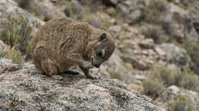 A small furry rock hyrax grooming its paws while perched on a large boulder