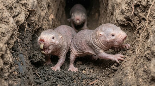 Three naked mole rats emerge from their underground burrow in the soil