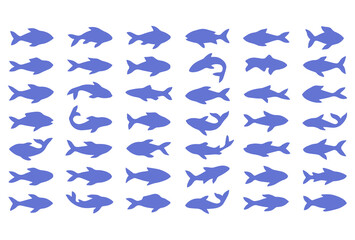 Fototapeta premium Set of blue fish silhouettes isolated on white background in various poses and shapes with silhouette wildlife collection isolated underwater swimming tropical saltwater freshwater vertebrate