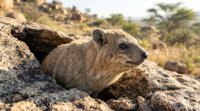 Rock hyrax peeking out from its rocky den in the African savanna