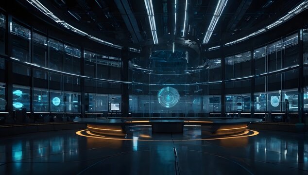 Abstract high tech command center room featuring a dark circular control facility with blue monitor displays showing a holographic planet earth data visualization.operations center, control room