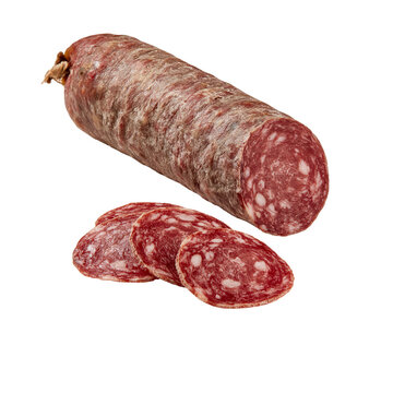 Polish salami sausage with meat and fat cut shown in  market setting