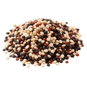 Mixed raw quinoa gathered on a white surface showing various colors and sizes in a natural setting