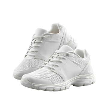 White running sneakers on a grey background with no other objects present