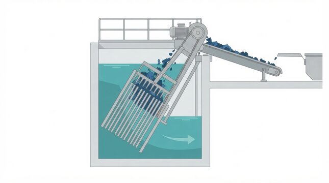 Bar screen equipment removes solids from water in a wastewater treatment plant, aiding in the sewage purification process