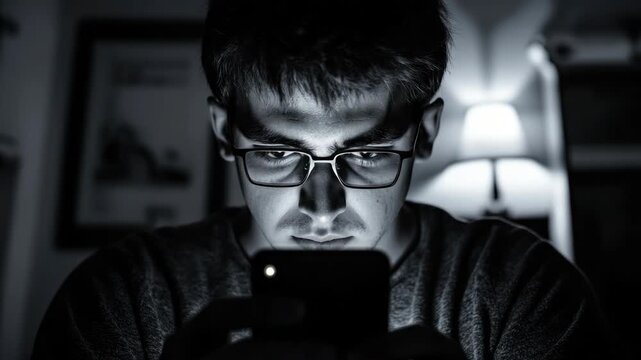 Man stares intensely at smartphone in dimly lit room. Dark tones emphasize focus and concentration. Glasses frame his serious expression. Soft background light adds depth and mood
