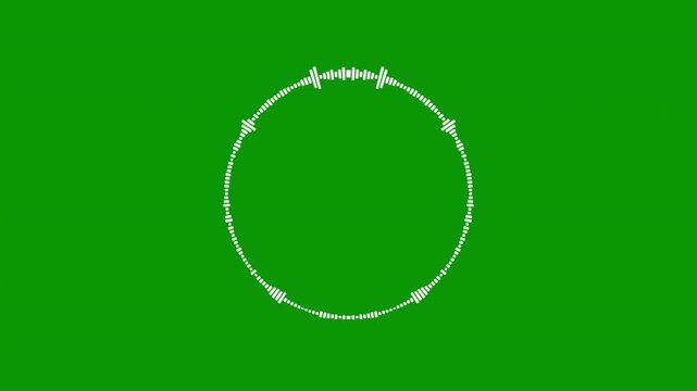 Minimalist white audio waveform ring spinning on a green screen background, circular sound spectrum visualizer for chroma key compositing, radio, and interfaces, exported in Apple ProRes.