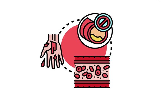Blood vessel illness concept visualizing a healthy vessel in contrast with a blocked artery, a bleeding hand with blood drops, and red blood cells affected by disease
