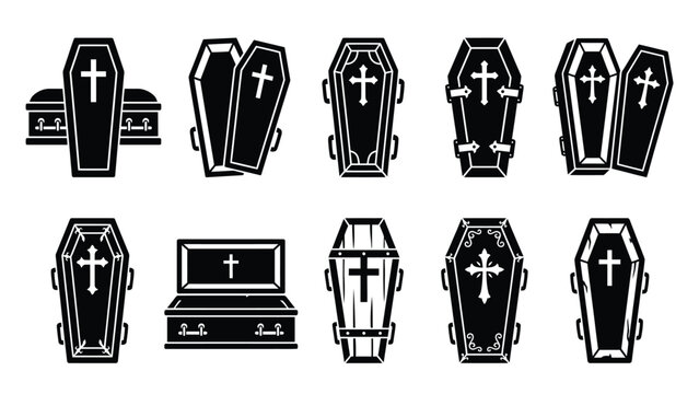 Halloween gothic coffins and caskets black vector silhouette collection