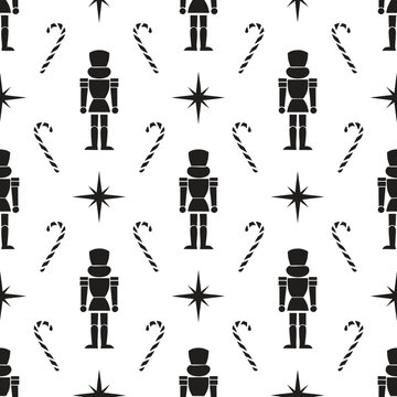 Christmas nutcracker seamless pattern, black and white holiday vector background, festive soldier and candy cane wallpaper