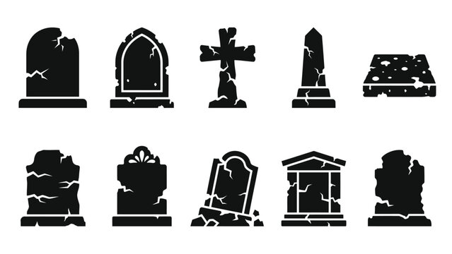 Graveyard tombstones and crosses in black silhouette, representing death and remembrance.