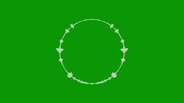 Minimalist white audio waveform ring spinning on a green screen background, circular sound spectrum visualizer for chroma key compositing, radio, and interfaces, exported in Apple ProRes.