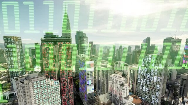 kuala lumpur cyberpunk city with overlayed code and data on the buildings