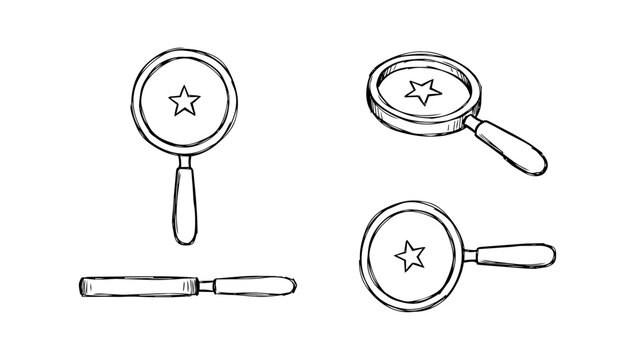 Detailed doodle line art flawlessly displaying beautiful classic magnifying glasses and optical inspection tools