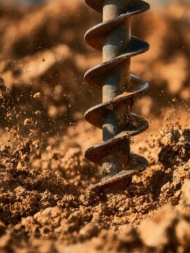 industrial auger drill bit digging into wet soil 