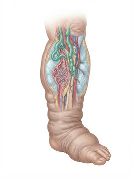Illustration shows lymph nodes, vessels, and immune drainage in the leg. Conditions like lymphedema and filariasis are represented.