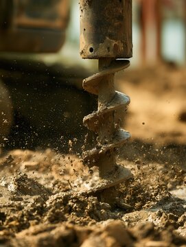 a powerful industrial auger drill bit digging into wet, muddy soil on a construction site