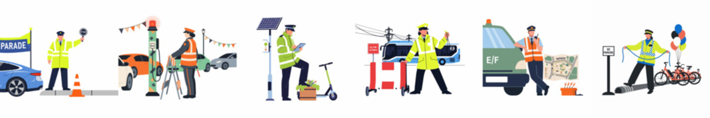 Fototapeta premium Flat illustration of diverse scenes involving police officers, traffic controllers, and infrastructure workers managing urban traffic and mobility on a white background.