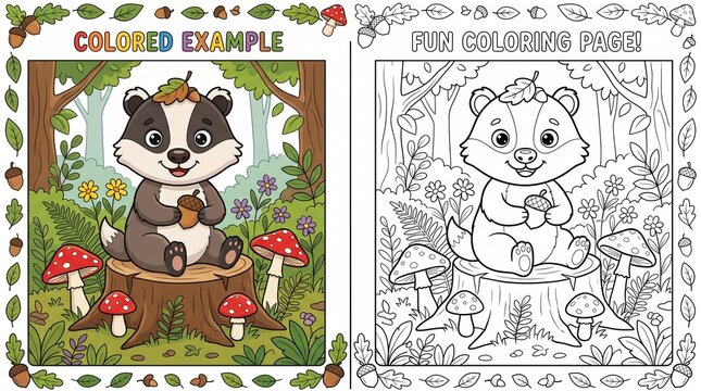 Friendly badger sitting on forest tree stump holding acorn coloring book page for children with colored sample guide vector