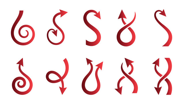 Set of ten red gradient curvy arrow designs for navigation and infographic elements