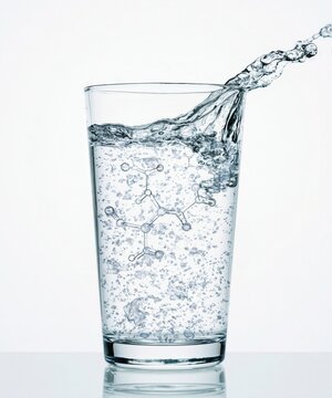 clear drinking water in a transparent glass with microplastic particles inside the water