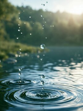 clear raindrops falling into a forest lake with a subtle translucent molecular overlay, concept of invisible PFAS forever chemicals 