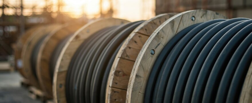 Large wooden cable drums with thick black electric wires lined up outdoors at sunset. Industrial supply concept for infrastructure projects.