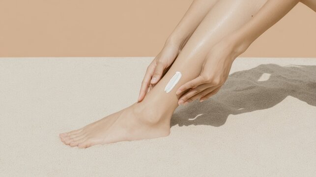 Smooth skin care routine with moisturizing cream on legs in minimalist sand setting