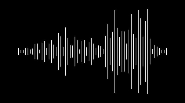 Digital music sound waveform animation on black background, white audio spectrum visualizer, futuristic frequency waves, abstract equalizer lines, dynamic oscillation 4k