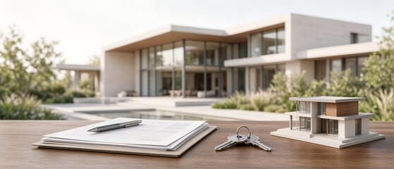 Fototapeta premium Modern Luxury House with Scale Model and Architectural Plans on Design Table
